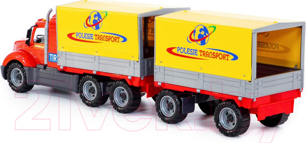 Изображение товара Фургон игрушечный Полесье Майк бортовой тентовый с прицепом / 58492 (в лотке)