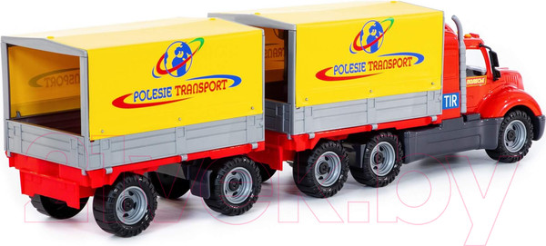 Изображение товара Фургон игрушечный Полесье Майк бортовой тентовый с прицепом / 58492 (в лотке)