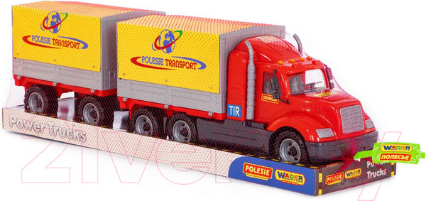 Изображение товара Фургон игрушечный Полесье Майк бортовой тентовый с прицепом / 58492 (в лотке)