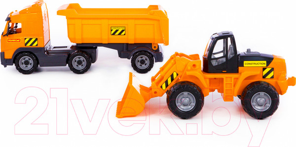 Изображение товара Набор игрушечной техники Полесье с полуприцепом и с трактором-погрузчиком / 0384 (в коробке)