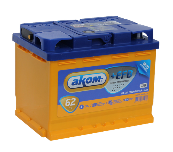 Изображение товара Автомобильный аккумулятор AKOM 6СТ-62 Евро+EFB (62 А/ч)