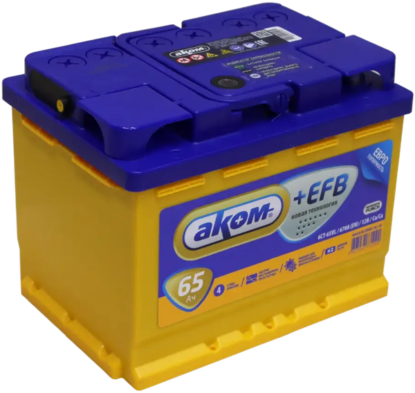 Изображение товара Автомобильный аккумулятор AKOM 6СТ-65 Евро+EFB (65 А/ч)