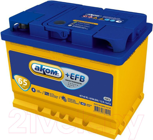 Изображение товара Автомобильный аккумулятор AKOM 6СТ-65 Евро+EFB (65 А/ч)