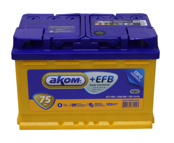 Автомобильный аккумулятор AKOM 6СТ-75 Евро+EFB (75 А/ч)