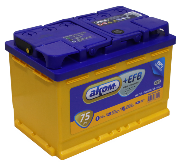 Изображение товара Автомобильный аккумулятор AKOM 6СТ-75 Евро+EFB (75 А/ч)