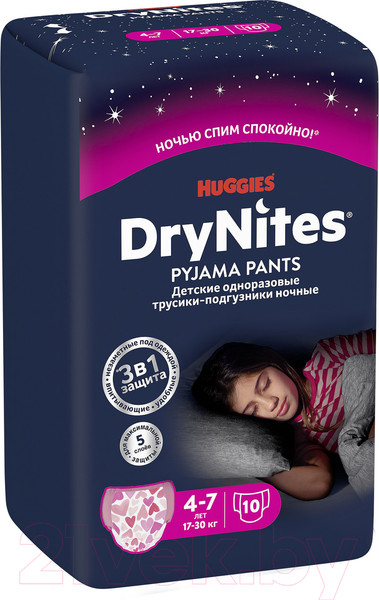 Изображение товара Подгузники-трусики детские Huggies DryNites 4-7 лет для девочек (10шт)