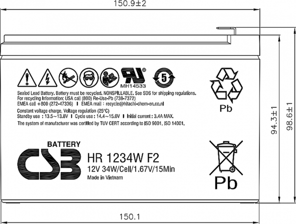 Изображение товара Аккумуляторная батарея CSB HR 1234W F2 12V/9Ah