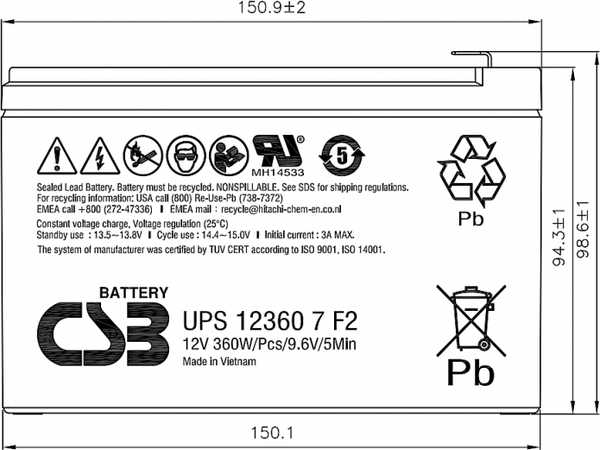 Изображение товара Аккумуляторная батарея CSB UPS 12360 7 F2 12V/7.5Ah