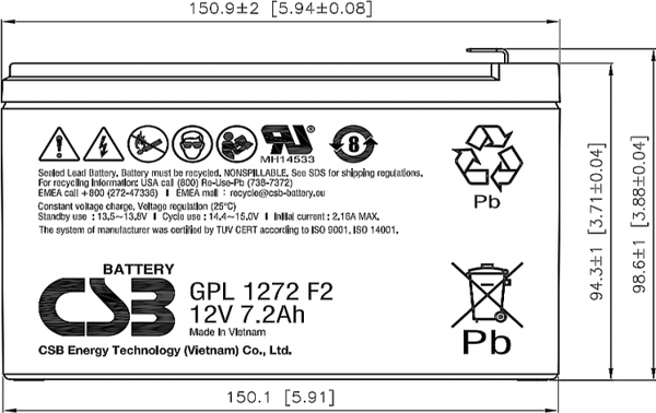 Изображение товара Аккумуляторная батарея CSB GPL 1272 F2 FR (12V/7.2Ah)
