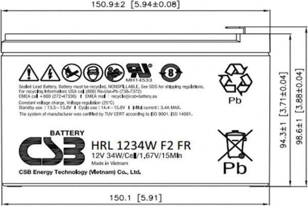 Изображение товара Аккумуляторная батарея CSB HRL 1234W F2 FR (12V/9Ah)