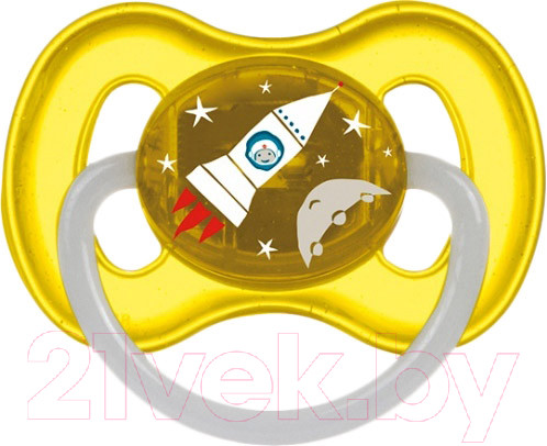 Изображение товара Пустышка Canpol Космическая латексная круглая 0-6мес / 23/221 (желтый, со светящимся колечком)