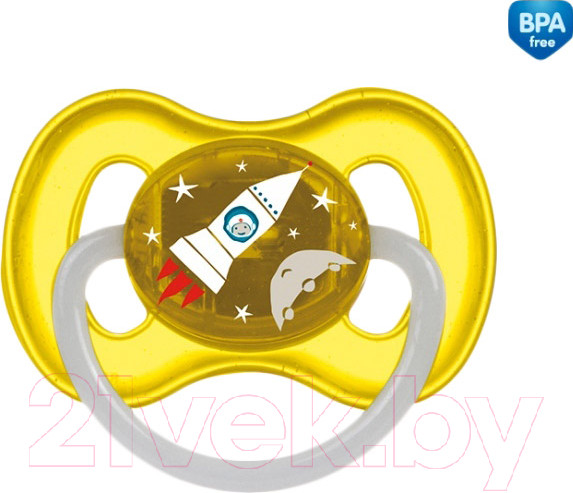 Изображение товара Пустышка Canpol Космическая латексная круглая 6-18мес / 23/222 (желтый, со светящимся колечком)