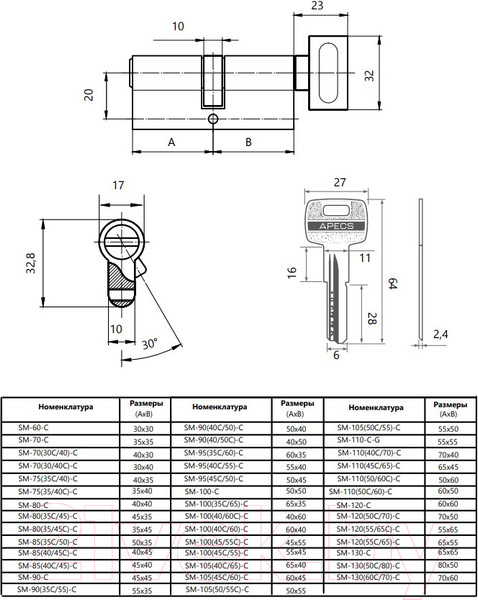 Изображение товара Цилиндровый механизм замка Apecs SM-90(40C/50)-C-NI