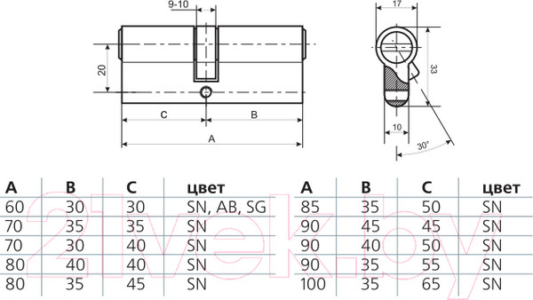 Изображение товара Цилиндровый механизм замка Arni M100 (35/65) ZN / P6P3565