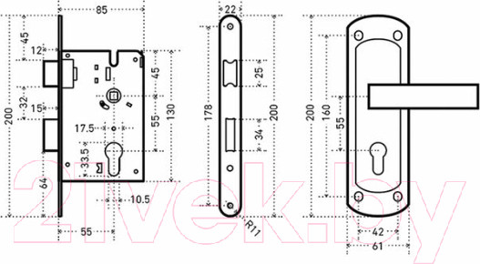 Изображение товара Замок врезной Аллюр ЗВ4-1/55А автом. без ц/мех с/руч (ст.бронза)
