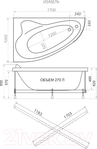 Изображение товара Ванна акриловая Triton Изабель 170x100 R Стандарт Flat (с гидромассажем)