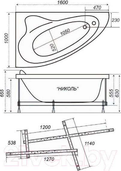 Изображение товара Ванна акриловая Triton Николь 160x100 R Базовая (с гидромассажем)