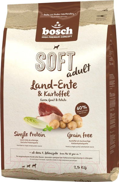 Изображение товара Полувлажный корм для собак Bosch Petfood Soft Adult Grain Free Duck&Potatoes (2.5кг)