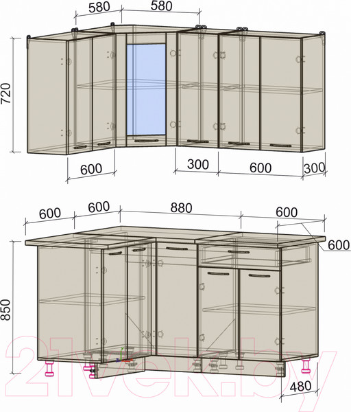 Изображение товара Кухонный гарнитур Интерлиния Мила 12x15 (белый платинум/белый платинум глянец/дуб бунратти)