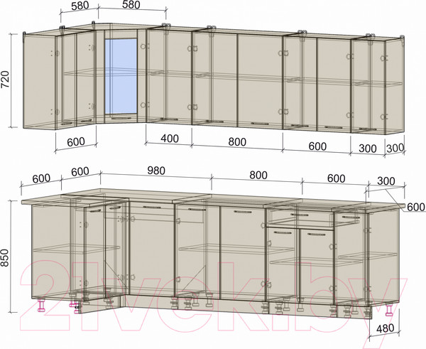 Изображение товара Кухонный гарнитур Интерлиния Мила 12x27 (белый платинум/белый платинум глянец/дуб бунратти)