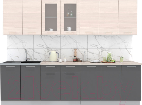 Изображение товара Кухонный гарнитур Интерлиния Мила 28 (антрацит/вудлайн кремовый/опал светлый)