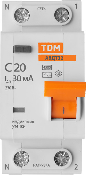 Изображение товара Дифференциальный автомат TDM АВДТ 32 1P+N 20А (С) 30mA 4.5кА тип АС / SQ0202-0504