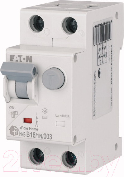 Изображение товара Дифференциальный автомат Eaton HNB-B16/1N/003 1P+N 16А В 6кА 30мА АС 2М / 195121