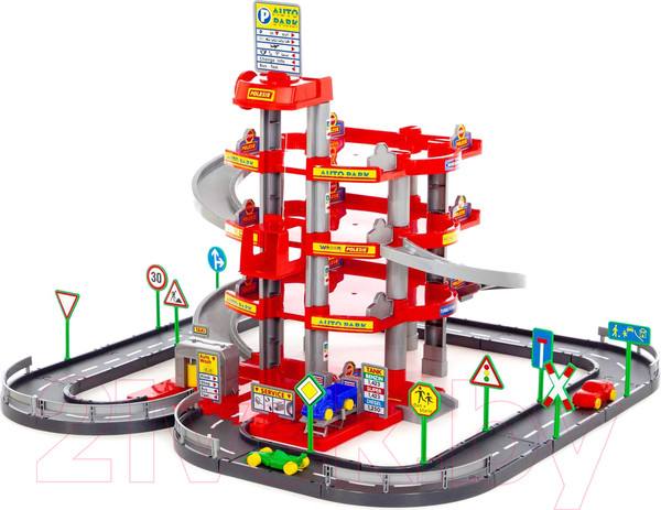 Изображение товара Паркинг игрушечный Полесье 4-уровневый с дорогой и автомобилями / 44723 (красный, в коробке)