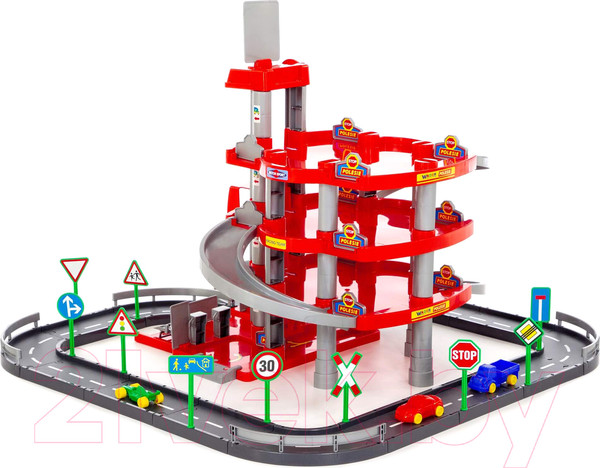 Изображение товара Паркинг игрушечный Полесье 4-уровневый с дорогой и автомобилями / 44723 (красный, в коробке)