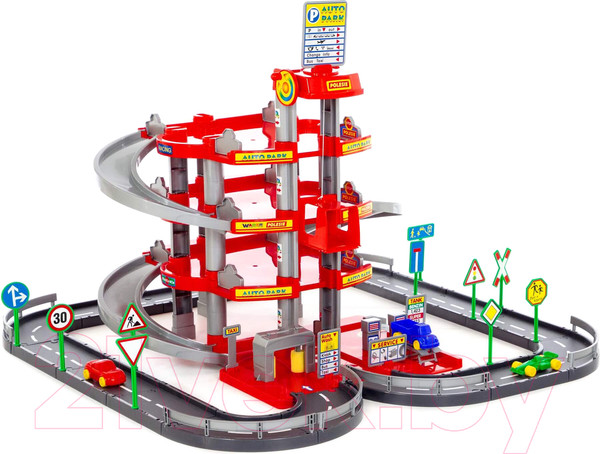 Изображение товара Паркинг игрушечный Полесье 4-уровневый с дорогой и автомобилями / 44723 (красный, в коробке)