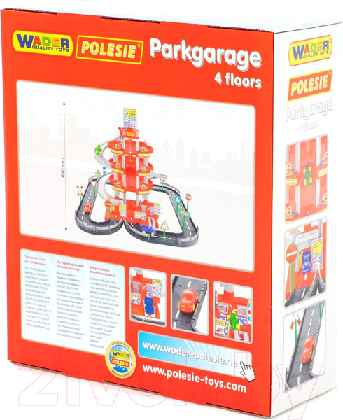 Изображение товара Паркинг игрушечный Полесье 4-уровневый с дорогой и автомобилями / 44723 (красный, в коробке)