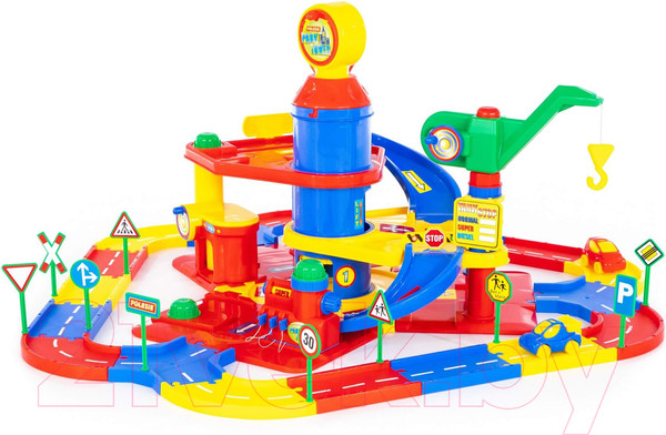 Изображение товара Паркинг игрушечный Полесье 3-уровневый с дорогой и автомобилями / 37862 (в коробке)