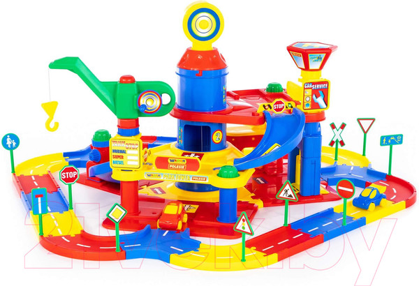 Изображение товара Паркинг игрушечный Полесье 3-уровневый с дорогой и автомобилями / 37862 (в коробке)