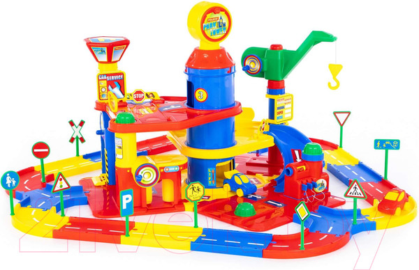 Изображение товара Паркинг игрушечный Полесье 3-уровневый с дорогой и автомобилями / 37862 (в коробке)