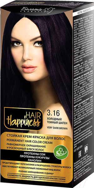 Изображение товара Крем-краска для волос Белита-М Hair Happiness стойкая тон № 3.16 (холодный темный шатен)
