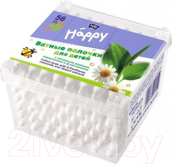 Изображение товара Ватные палочки Bella Baby Happy С экстрактом ромашки подорожника и Д-пантенолом (56+8шт)