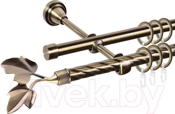 Изображение товара Карниз для штор АС ФОРОС Grace D16K/16Г + наконечники Лист ветка (2.4м, антик)