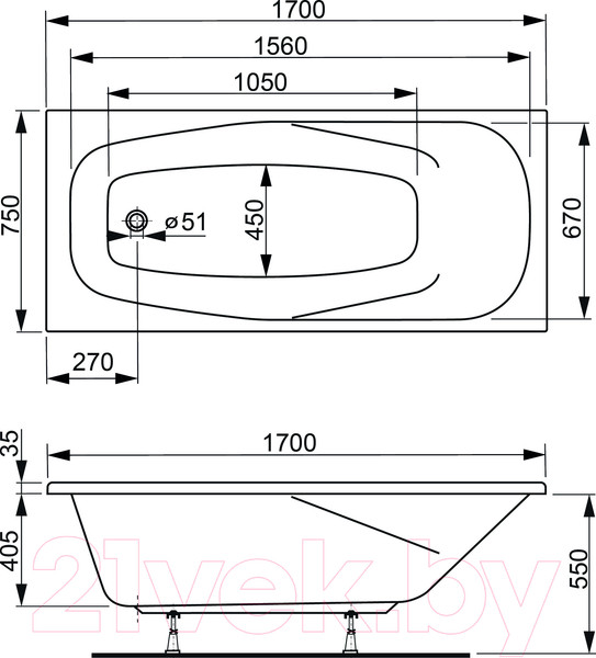 Изображение товара Ванна акриловая VagnerPlast Aronia 170x75 / VPBA170ARN2X-04