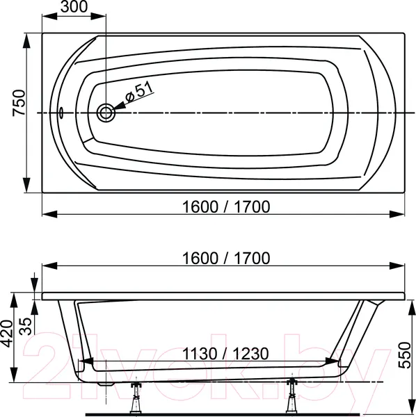 Изображение товара Ванна акриловая VagnerPlast Ebony 160x75 / VPBA160EBO2X-04