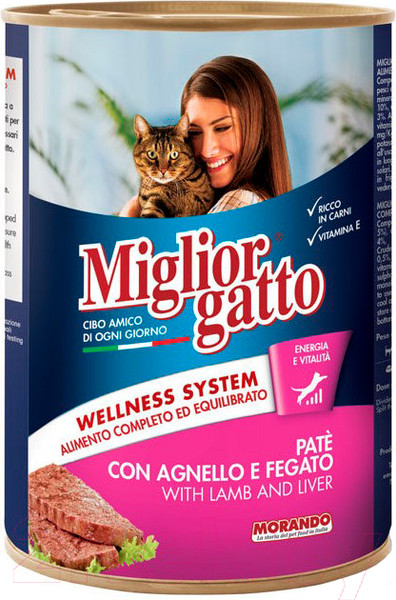 Изображение товара Влажный корм для кошек Miglior Gatto Classic Pate Lamb&Liver (400г)
