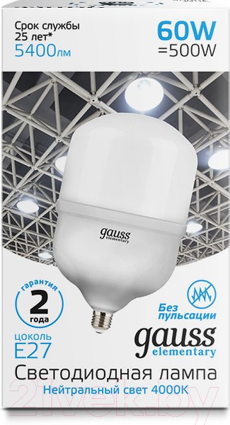Изображение товара Лампа Gauss Elementary E27 60W 4000К / 63226