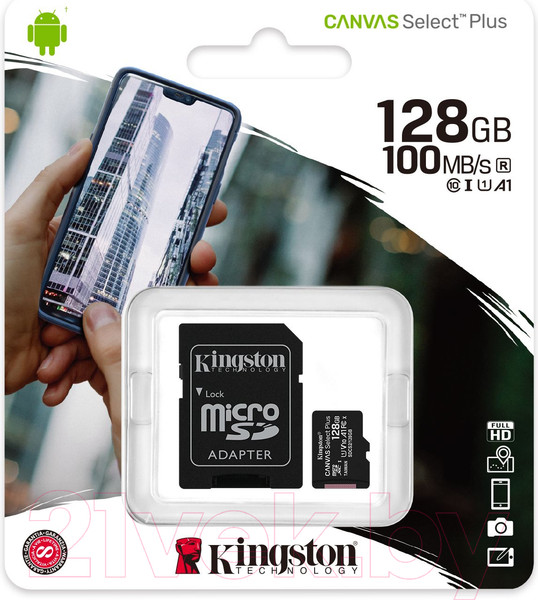 Изображение товара Карта памяти Kingston Canvas Select Plus 100R microSDXC Class10 UHS-I U1 V10 A1 128GB (SDCS2/128GB)