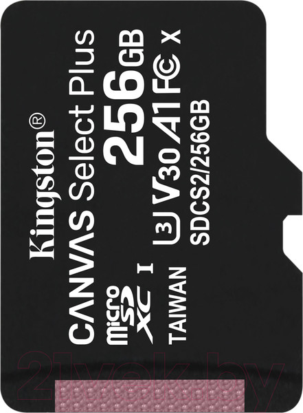 Изображение товара Карта памяти Kingston Canvas Select Plus 100R microSDHC Class10 UHS-I U3 V30 A1 256GB (SDCS2/256GB)
