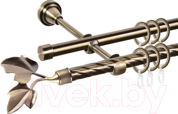 Изображение товара Карниз для штор АС ФОРОС Grace D16K/16Г составной + наконечники Лист ветка (2.8м, антик)