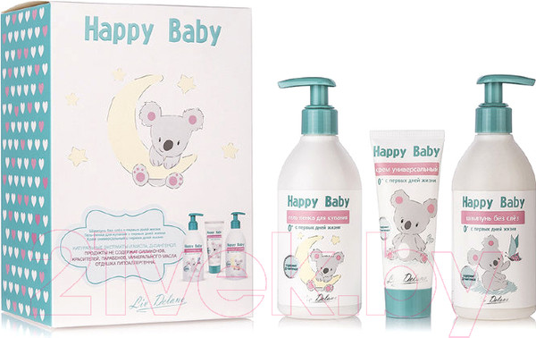 Изображение товара Набор косметики детской Liv Delano Happy Baby шампунь 300г+гель-пенка для купания 300г+крем 75г