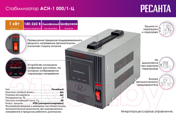 Изображение товара Стабилизатор напряжения Ресанта АСН-1000/1-Ц (63/6/2)