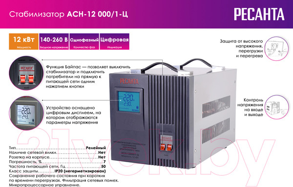 Изображение товара Стабилизатор напряжения Ресанта АСН-12000/1-Ц (63/6/10)
