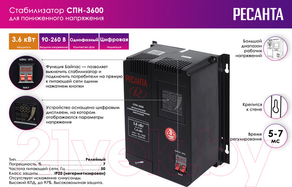Изображение товара Стабилизатор напряжения Ресанта СПН-3600 (63/6/25)