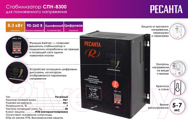 Изображение товара Стабилизатор напряжения Ресанта СПН-8300 (63/6/27)