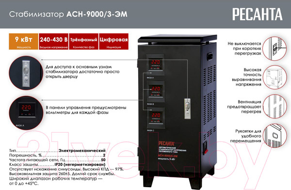 Изображение товара Стабилизатор напряжения Ресанта АСН-9000/3 (63/4/4)